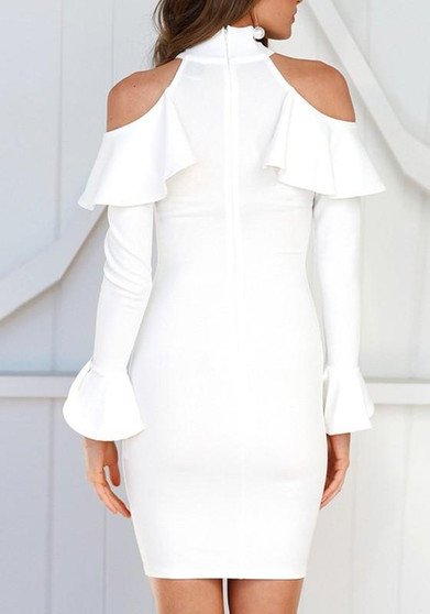 White Cut Out Ruffle Zipper Band Collar Long Sleeve Midi Dress