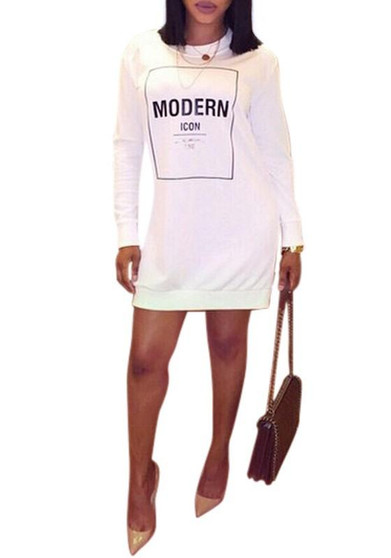 Casual White Monogram Modern Icon Print Long Sleeve Casual T-Shirt Mini Dress