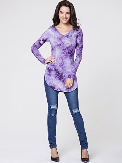 Casual V Neck Tie&dye Curved Hem Long Sleeve T-shirt