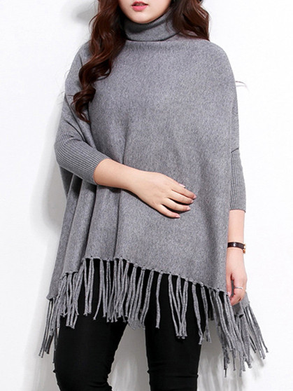 Casual Turtleneck Fringe Plain Batwing Sleeve Plus Size Sweater