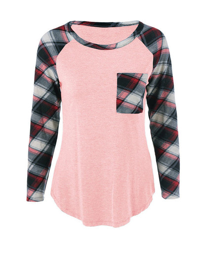 Casual Round Neck Patch Pocket Plaid Raglan Long Sleeve T-Shirt