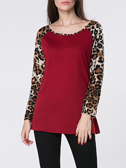 Casual Round Neck Leopard Printed Patchwork Long Sleeve T-Shirt