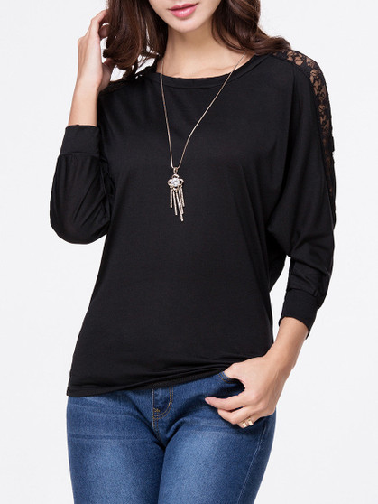 Casual Round Neck Hollow Out Plain Batwing Long Sleeve T-Shirt