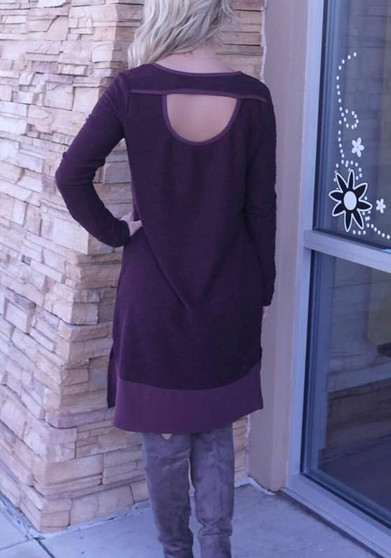 Casual Purple Patchwork Pockets Round Neck Long Sleeve Mini Dress