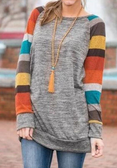 Grey-Blue Color Block Striped Patchwork Long Sleeve Casual T-Shirts Mini Dress