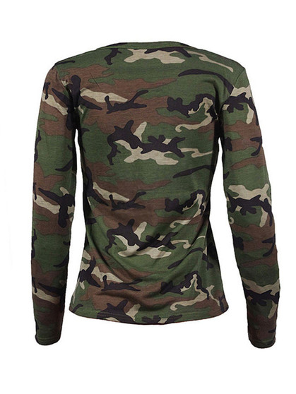 Casual Deep V-Neck Lace-Up Camouflage Long Sleeve T-Shirt