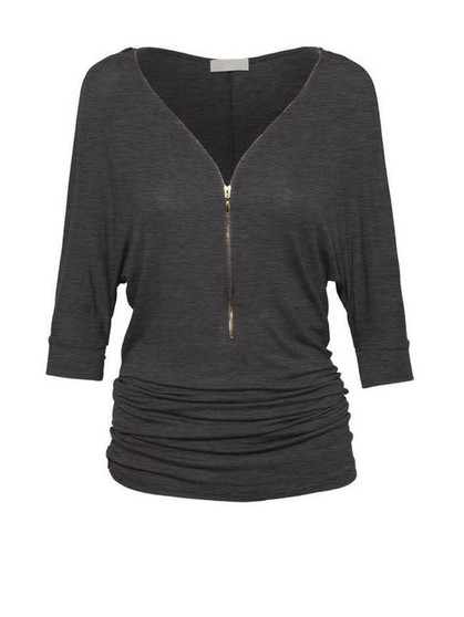 Casual Captivating V-Neck Zips Plain Batwing Long Sleeve T-Shirt