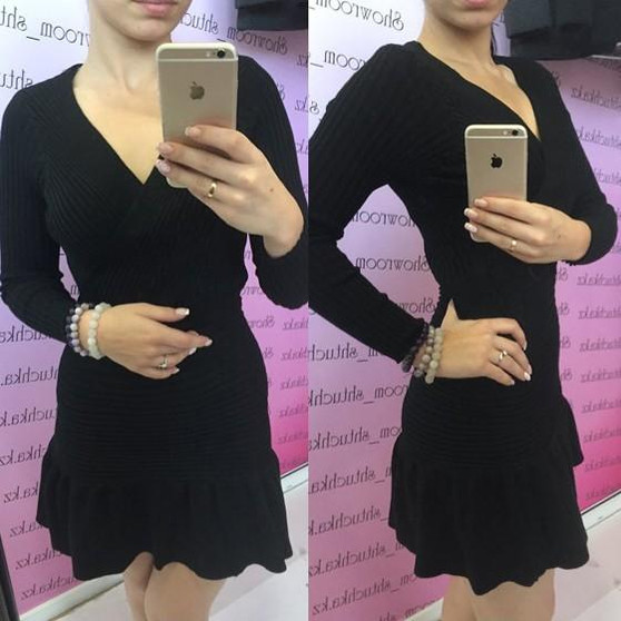 Casual Black Patchwork Ruffle V-neck Long Sleeve Mini Dress