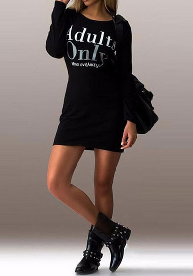 Casual Black Monogram Round Neck Long Sleeve Mini Dress