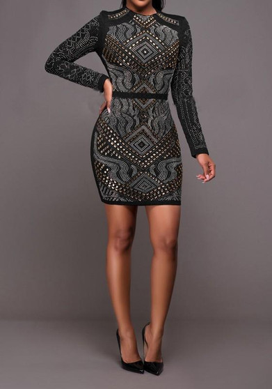 Casual Black Floral Sequin Round Neck Long Sleeve Mini Dress