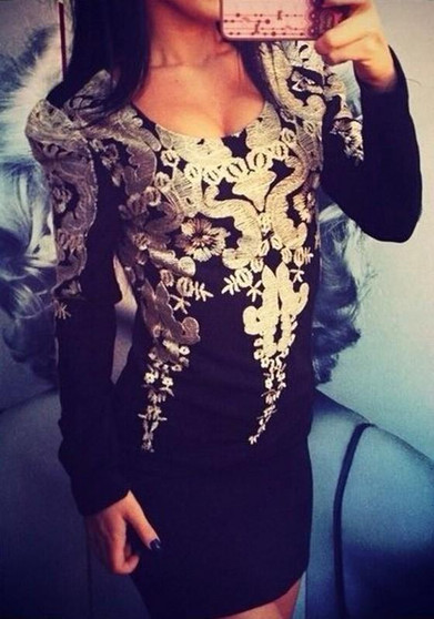 Casual Black Floral Print Round Neck Long Sleeve Fashion Mini Dress