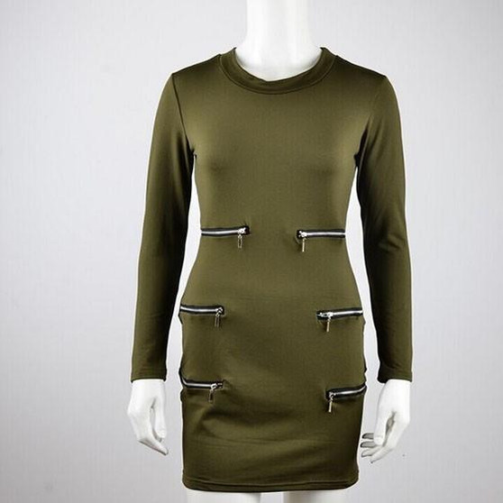 Casual Army Green Plain Zipper Round Neck Long Sleeve Casual Mini Dress