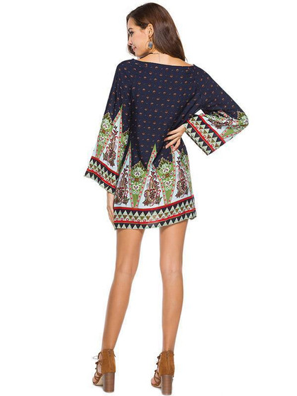 Floral Printed Long Sleeves Kaftan Mini Dress