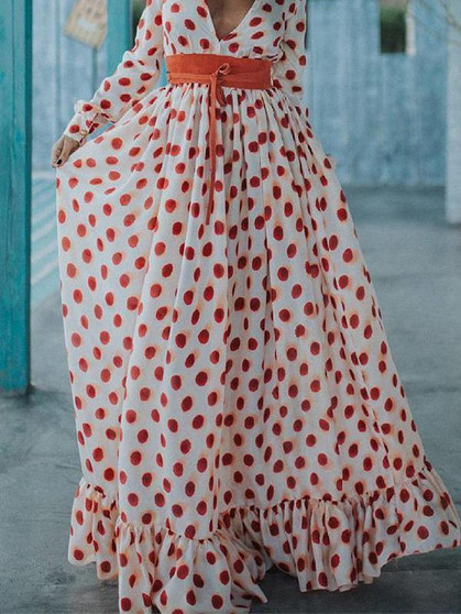 Fashion Polka-dot V-Neck Long Sleeves Maxi Dress