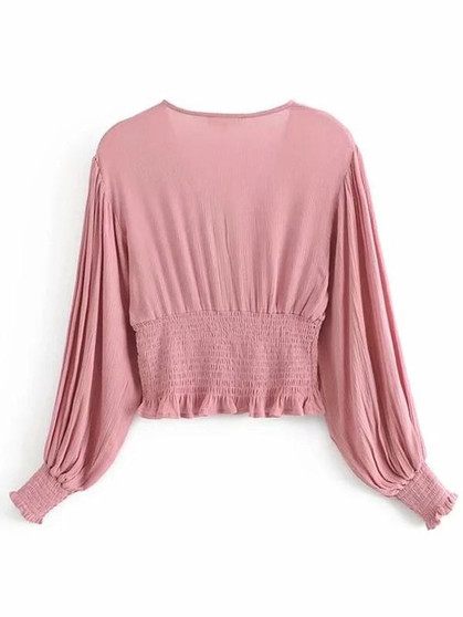 Pink Buttons Ruffle V-neck Long Sleeve Sweet Blouse