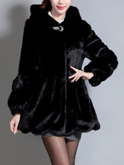 New Black Fur Pockets Buttons Rhinestone Hooded Long Sleeve Elegant Coat