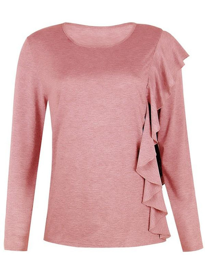 New Pink Ruffle Round Neck Long Sleeve Fashion T-Shirt