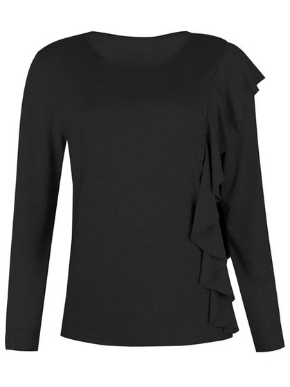 New Black Ruffle Round Neck Long Sleeve Fashion T-Shirt