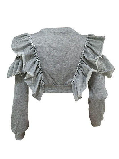 New Grey Cascading Ruffle Long Sleeve Lumbar Short Casual T-Shirt