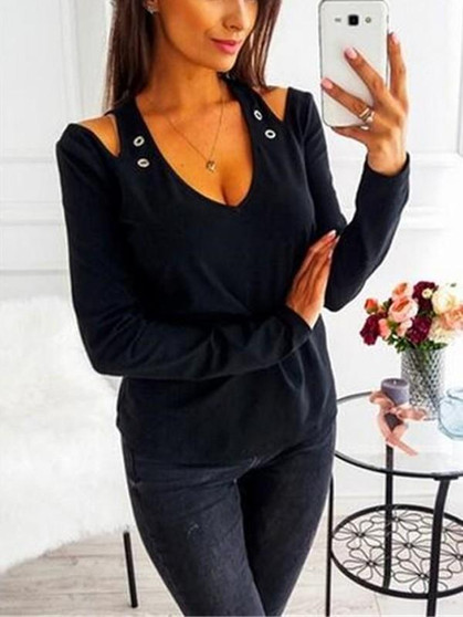 New Black Cut Out Sequin V-neck Long Sleeve Casual T-Shirt