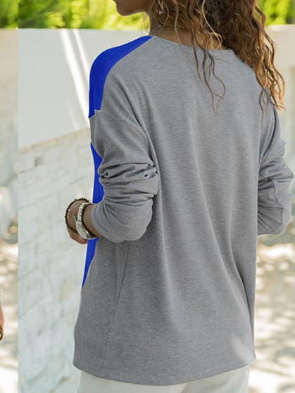 New Blue Patchwork V-neck Long Sleeve Streetwear T-Shirt