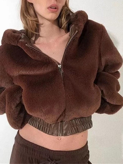 New Brown Pockets Hooded Long Sleeve Fashion Faux Fur Coat