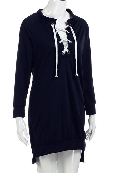 New Dark Blue Drawstring Lace Up Irregular V-neck Long Sleeve Casual Pullover Sweatshirt