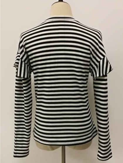 New Black Striped Ruffle Round Neck Long Sleeve Fashion T-Shirt