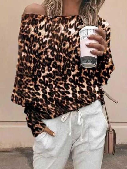 New Coffee Leopard Print One-shoulder Long Sleeve Casual T-Shirt