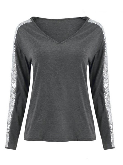 New Grey Patchwork Sequin V-neck Long Sleeve Fashion T-Shirt