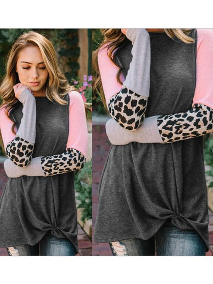 New Grey Pink Leopard Print Round Neck Long Sleeve Casual T-Shirt