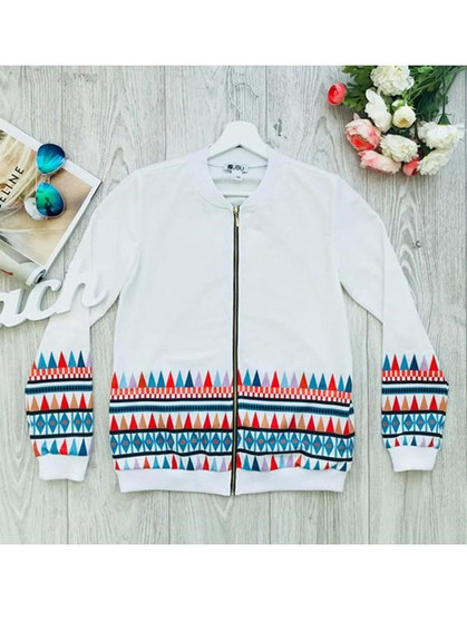 New White Floral Zipper Print Long Sleeve Fashion Coat