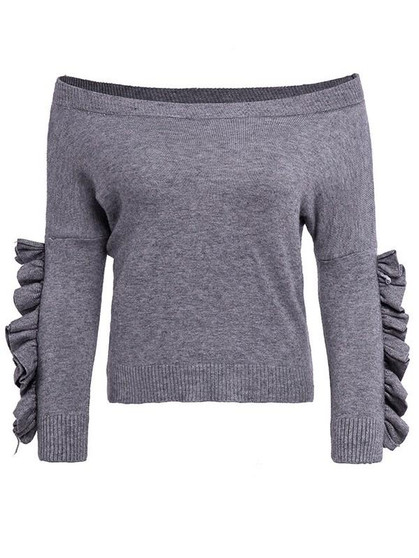 New Grey Ruffle Pearl Off Shoulder Long Sleeve Going out Pullover Sweater