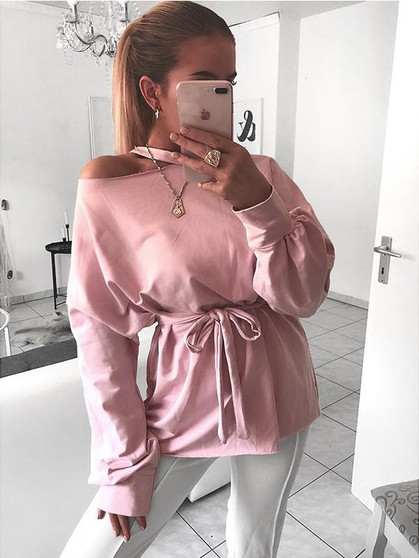 New Pink Sashes Bow Long Sleeve Casual Sweet Going out T-Shirt