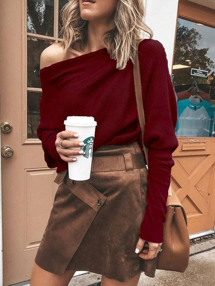 New Red Irregular Round Neck Long Sleeve Casual Blouse