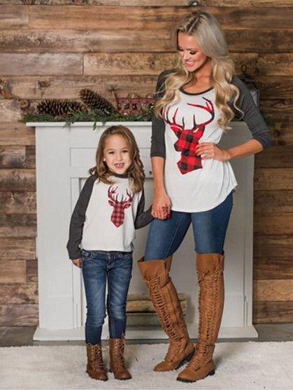 New Grey Patchwork Reindeer Print Round Neck Long Sleeve Parent-child Christmas T-Shirt