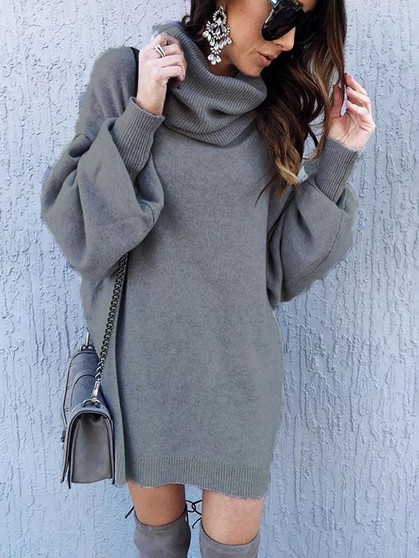 New Grey Cut Out Draped High Neck Long Sleeve Casual Sweater