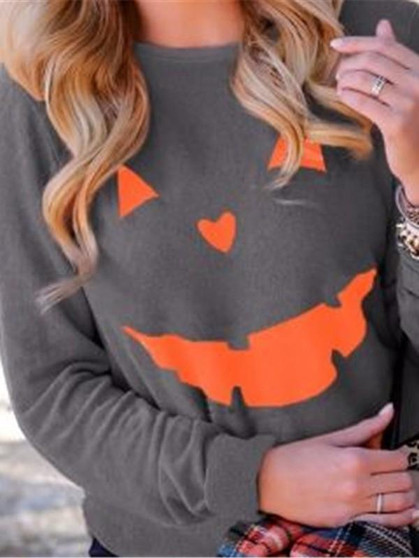 New Grey Pumpkin Print Round Neck Long Sleeve Halloween Casual T-Shirt