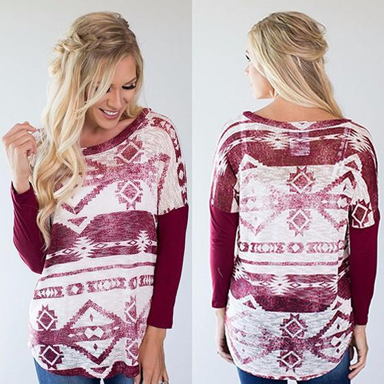 New Red Floral Print Round Neck Long Sleeve National T-Shirt