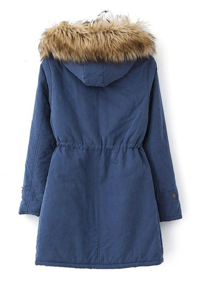 New Dark Blue Patchwork Pockets Drawstring Faux Fur Hooded Casual Winter Parka Coat