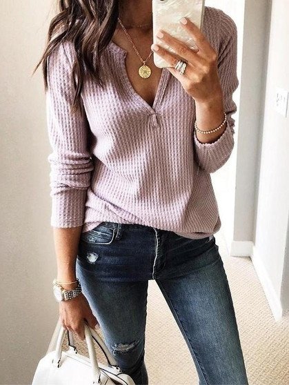 New Pink Cut Out V-neck Long Sleeve Casual T-Shirt