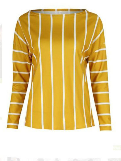 New Yellow Asymmetric Shoulder Round Neck Long Sleeve Casual T-Shirt