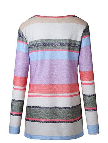 New White Colorful Striped Print Irregular Knot Long Sleeve Casual Comfy T-Shirt