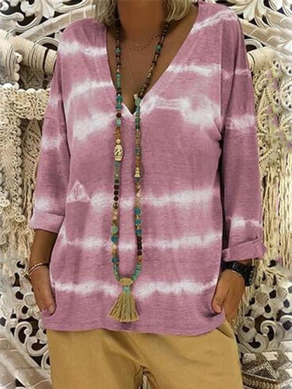 New Pink Striped Print V-neck Long Sleeve Fashion T-Shirt