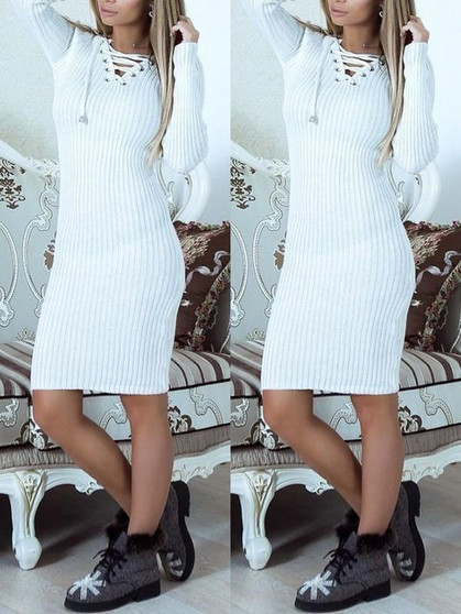 New White Drawstring V-neck Long Sleeve Fashion Mini Dress