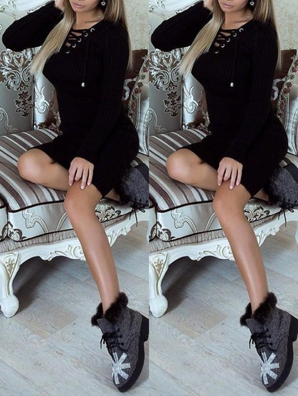 New Black Drawstring V-neck Long Sleeve Fashion Mini Dress