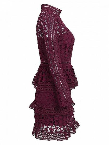 Burgundy High Neck Long Sleeve Layered Cut Out Lace Dress