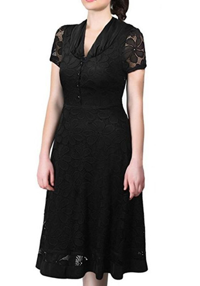 Black Lace V-neck Long Sleeve Fashion Midi Dress