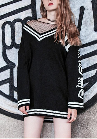 Black Monogram Print Deep V-neck Long Sleeve Sweater Mini Dress