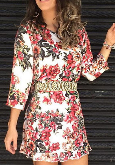 Casual Red Floral Round Neck 3/4 Sleeve Mini Dress